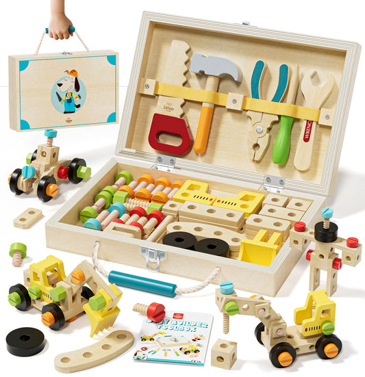 Toys for Boys 3-6 Year, Kids Tool Set, Wooden Tool Box Set, Construction Toys for Boys with Tool Accessories, Pretend Play Construction Toys for Boys 3 4 5 6 Year Old