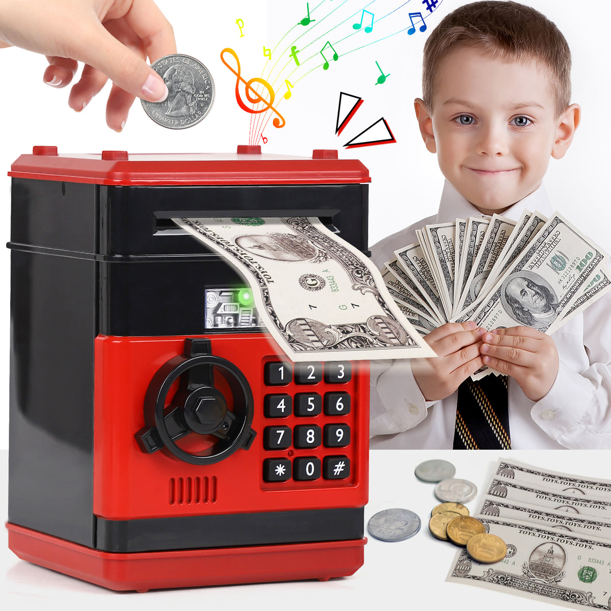 Piggy Bank for Kids Girls Boys, Large Electronic Money Saving Box with Password Protection, Automatic Paper Money Scroll - Red
