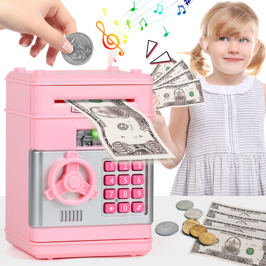 Piggy Bank for Kids Girls Boys, Large Electronic Money Saving Box with Password Protection, Automatic Paper Money Scroll - Pink
