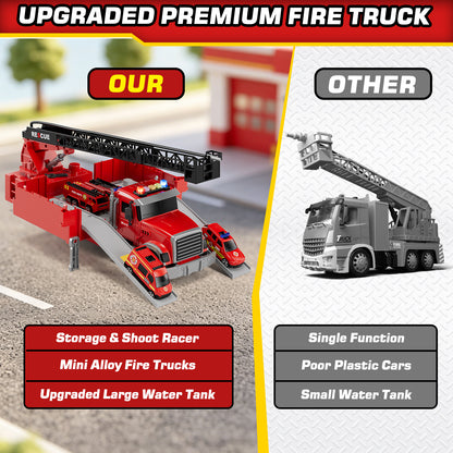 Fire Truck Toys, Toy Trucks for Boys 2-6 Years, Fire Truck Toys for Toddlers with Ejection Mode, Siren Sounds, Shooting Water, Retractable Ladder, 4 Alloy Vehicles, Best Birthday Gift for Toddle
