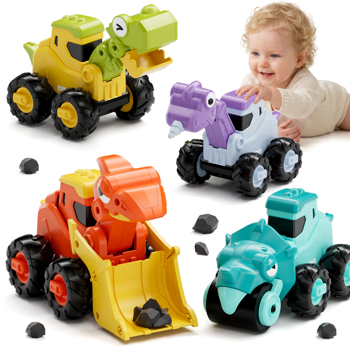 Toys for 1 2 3 Year Old Boy Girl, Construction Vehicle Dinosaur Toy Cars For Toddlers, Pull Back Cars Baby Toys, Press And Go Toy Cars