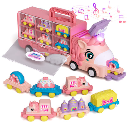 2 Year Old Girl Toys, Unicorn Transport Truck for 2 3 4 Year Old Girls, Friction Powered Unicorn Truck Toy with Light & Sound & Cartoon Cars, Toddler Toy Truck for 2-4 Girls Birthday Gift