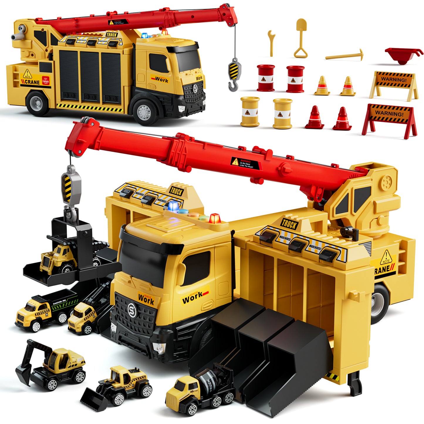 Crane Truck Toy, Construction Trucks Toys for 3 Year Old Boys, Kids Excavator Crane Truck Toy with Excavators, bulldozers, dump trucks, cement mixers and Sounds, Construction Toys 3+ Year Old
