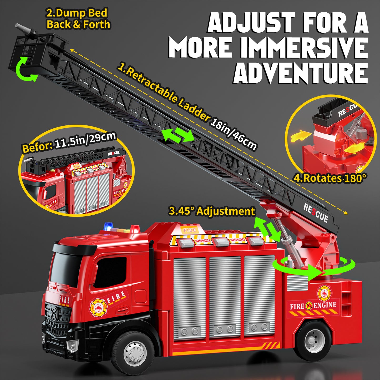 Fire Truck for Boys, Truck Toy with Siren Sounds, Shooting Water, Retractable Ladder, Flashing Lights, 6 Cars, Fire Truck Toys 3-5 Years Old Boys, Boys Birthday Gift
