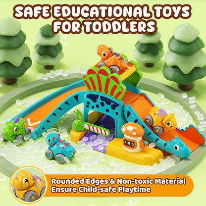 Toy Car for Kids, Dinosaur Toy Car, 5 in 1 Dinosaur Slide & Parking with 4 Push and Go Toy Cars, Toys for 2-3 Year Old, Toddler Toy Car, Learning Educational Toys for Boys Girls Best Birthday Gifts