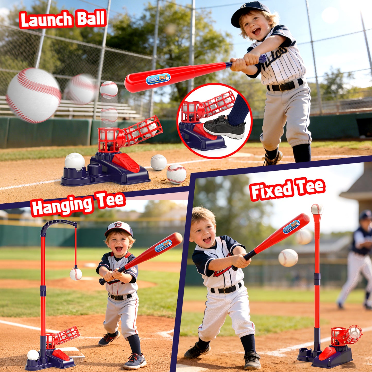 Tee Ball Set for Kids, 3-in-1 Baseball Toys with Hanging Tee, Tee Ball Stand, Ball Launcher and 6 Balls, Adjustable Height Baseball Stand, Indoor & Outdoor Sport Toy for Toddler Boys Ages 2-4