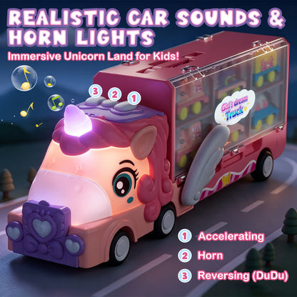 2 Year Old Girl Toys, Unicorn Transport Truck for 2 3 4 Year Old Girls, Friction Powered Unicorn Truck Toy with Light & Sound & Cartoon Cars, Toddler Toy Truck for 2-4 Girls Birthday Gift