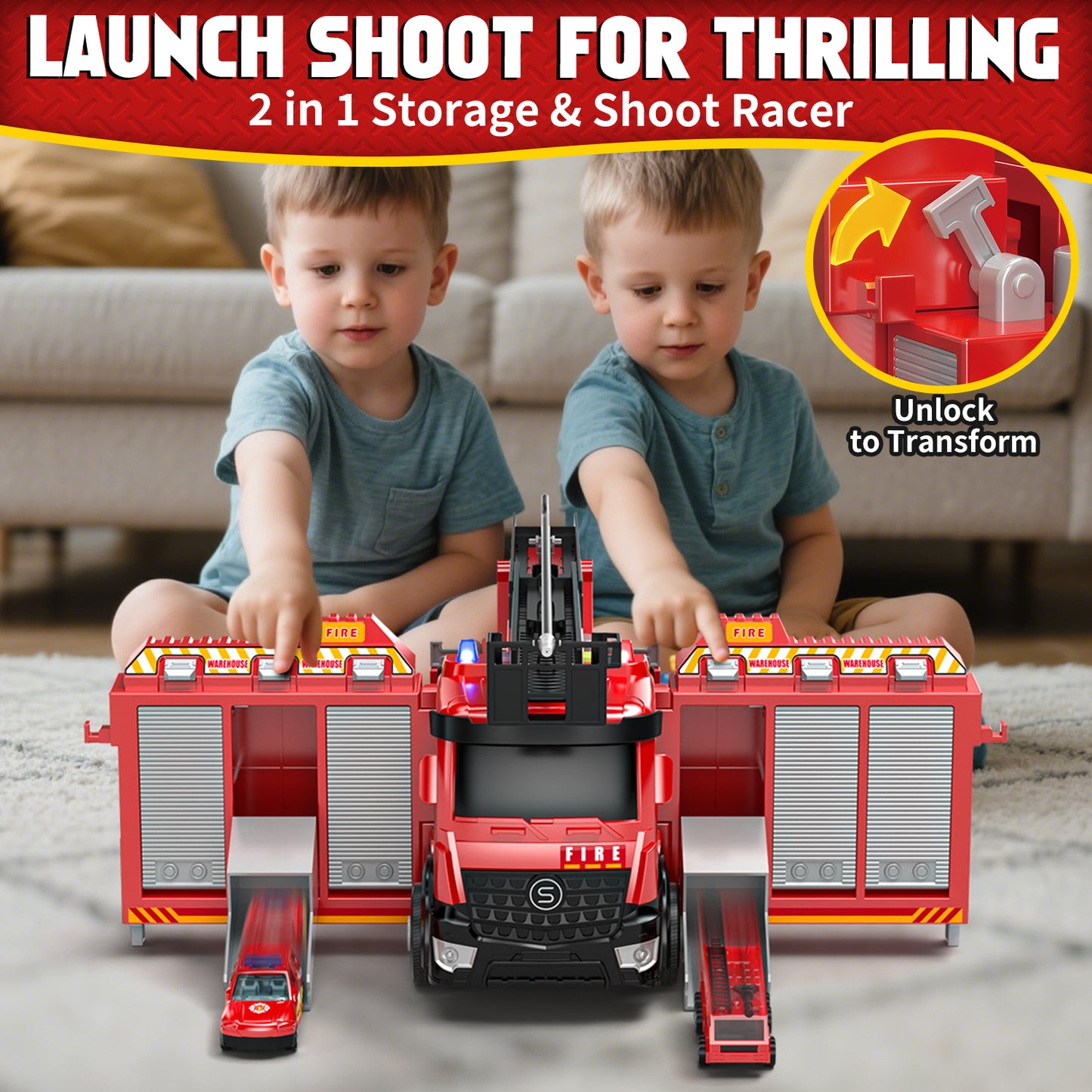 Fire Truck for Boys, Truck Toy with Siren Sounds, Shooting Water, Retractable Ladder, Flashing Lights, 6 Cars, Fire Truck Toys 3-5 Years Old Boys, Boys Birthday Gift
