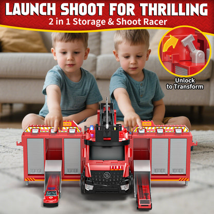 Fire Truck for Boys, Truck Toy with Siren Sounds, Shooting Water, Retractable Ladder, Flashing Lights, 6 Cars, Fire Truck Toys 3-5 Years Old Boys, Boys Birthday Gift