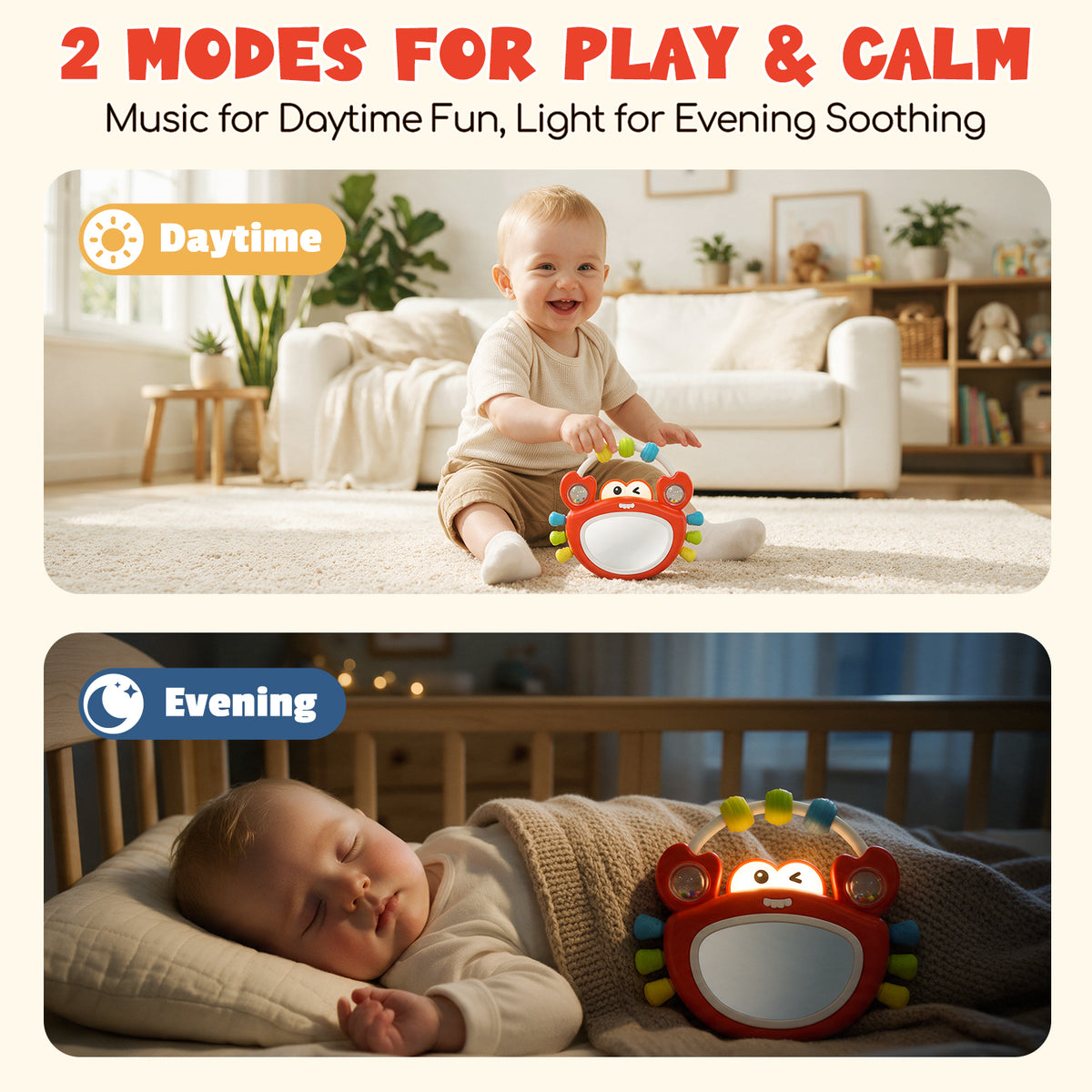 Lehoo Castle Tummy Time Toys for Babies 0-6 Months, Baby Mirror Toy with Light & Music, Wobble Crab Sensory Toy with Teether & Rattle, Infant Toy for Newborn Boys Girls