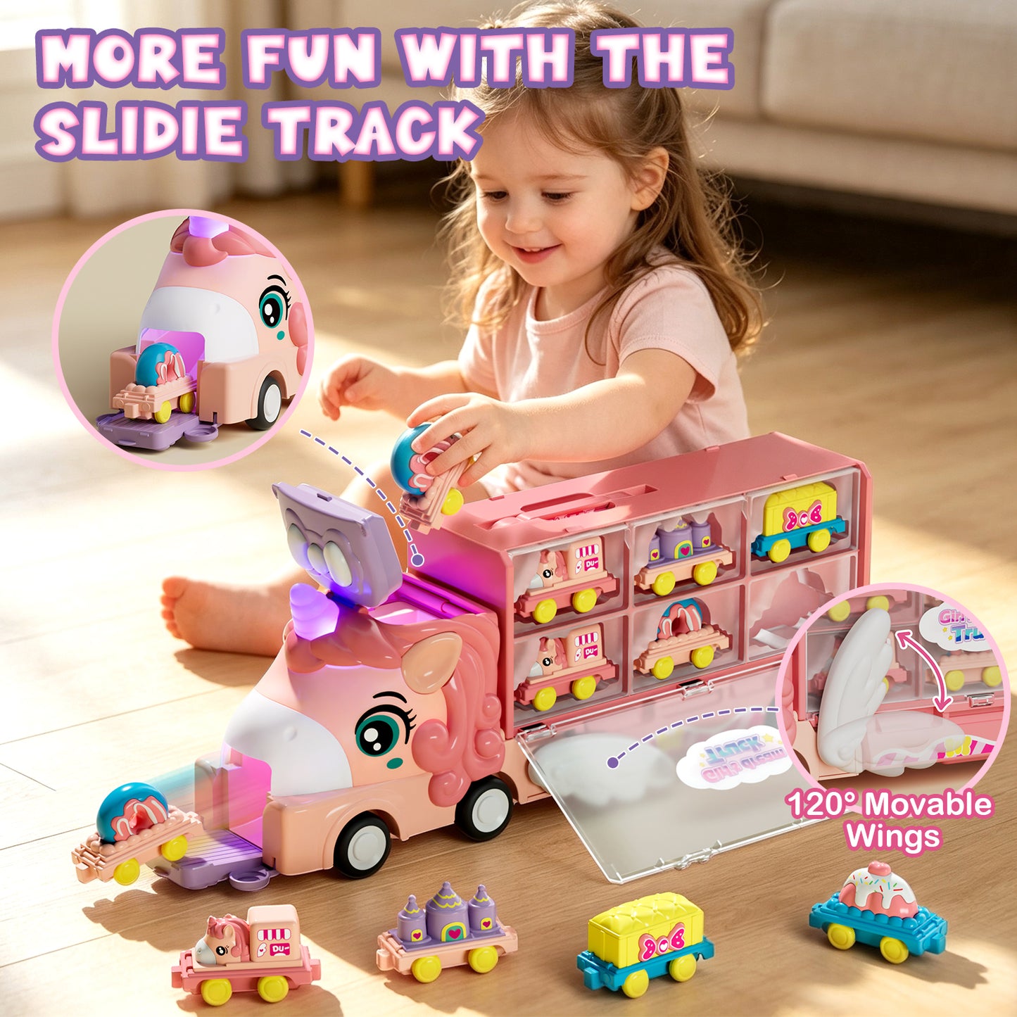 2 Year Old Girl Toys, Unicorn Transport Truck for 2 3 4 Year Old Girls, Friction Powered Unicorn Truck Toy with Light & Sound & Cartoon Cars, Toddler Toy Truck for 2-4 Girls Birthday Gift