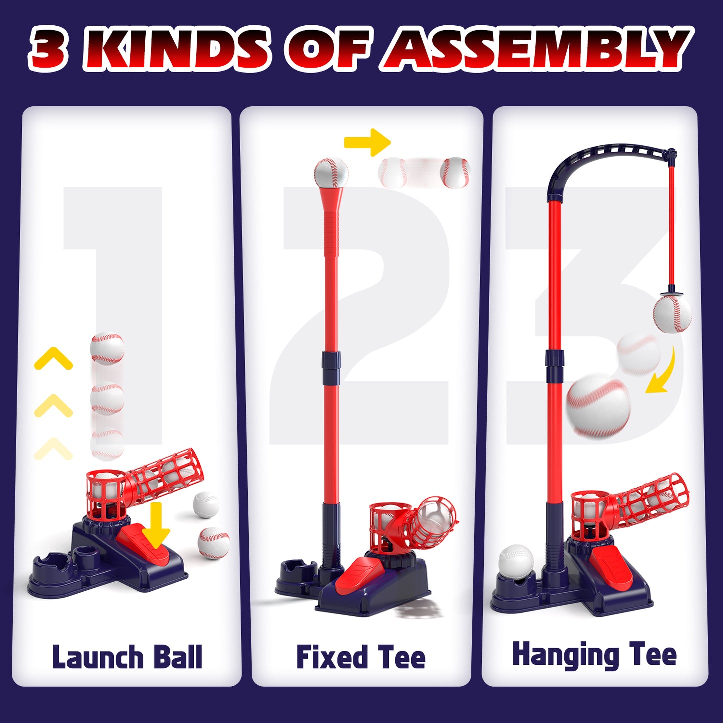 Tee Ball Set for Kids, 3-in-1 Baseball Toys with Hanging Tee, Tee Ball Stand, Ball Launcher and 6 Balls, Adjustable Height Baseball Stand, Indoor & Outdoor Sport Toy for Toddler Boys Ages 2-4