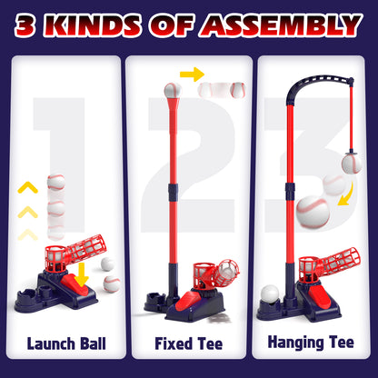 Tee Ball Set for Kids, 3-in-1 Baseball Toys with Hanging Tee, Tee Ball Stand, Ball Launcher and 6 Balls, Adjustable Height Baseball Stand, Indoor & Outdoor Sport Toy for Toddler Boys Ages 2-4