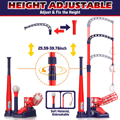 Tee Ball Set for Kids, 3-in-1 Baseball Toys with Hanging Tee, Tee Ball Stand, Ball Launcher and 6 Balls, Adjustable Height Baseball Stand, Indoor & Outdoor Sport Toy for Toddler Boys Ages 2-4