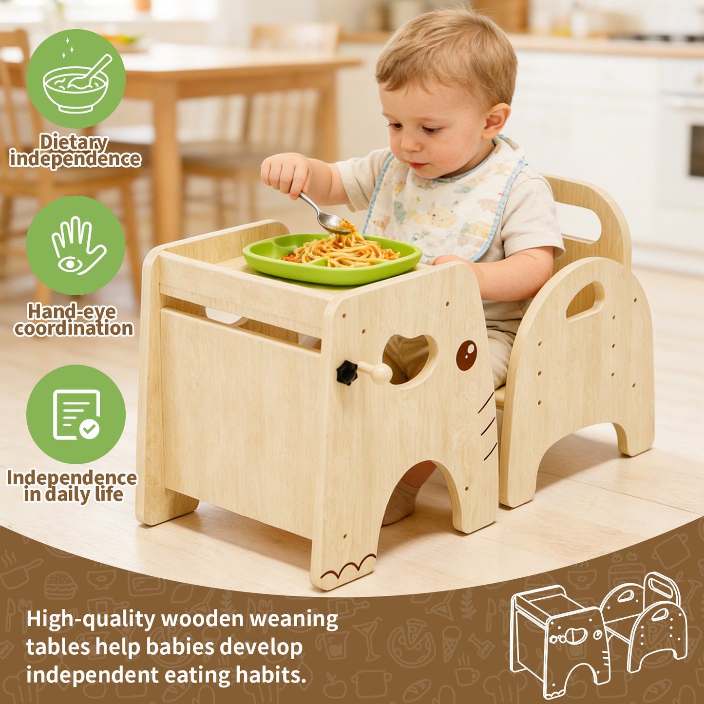 Toddler Table and Chair Set, Wood Toddler Table and Chairs, Montessori Weaning Baby Table Chair Set, Ideal for Mealtime, Learning, and Play, Easy to Assemble