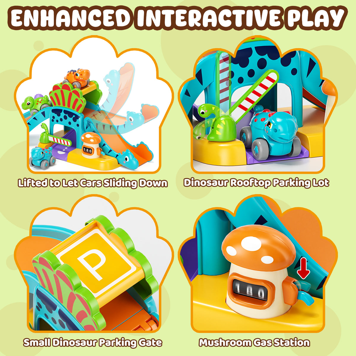 Toy Car for Kids, Dinosaur Toy Car, 5 in 1 Dinosaur Slide & Parking with 4 Push and Go Toy Cars, Toys for 2-3 Year Old, Toddler Toy Car, Learning Educational Toys for Boys Girls Best Birthday Gifts