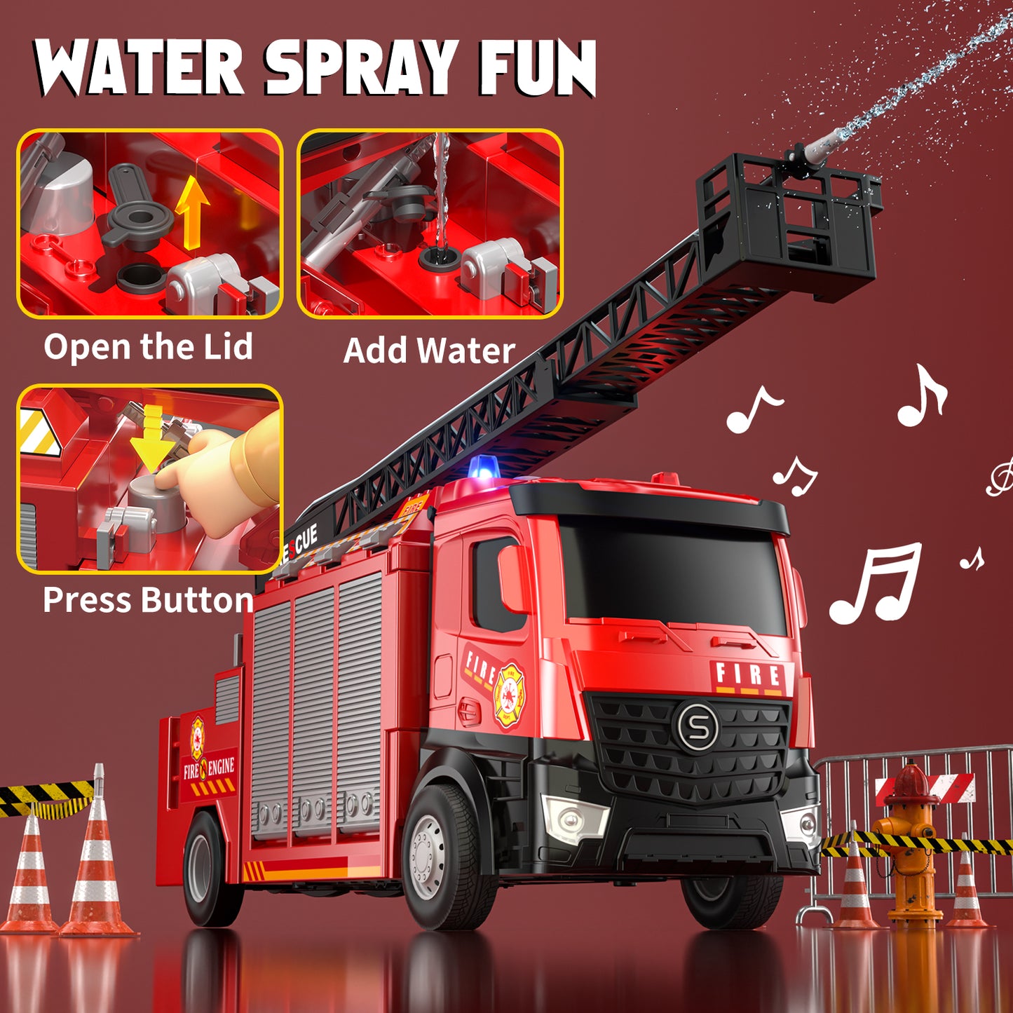 Fire Truck for Boys, Truck Toy with Siren Sounds, Shooting Water, Retractable Ladder, Flashing Lights, 6 Cars, Fire Truck Toys 3-5 Years Old Boys, Boys Birthday Gift