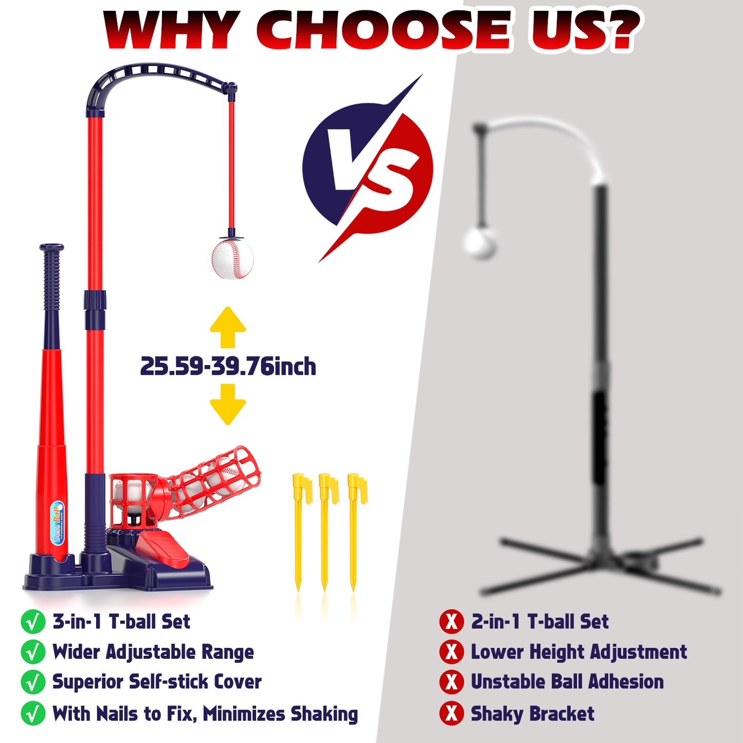 Tee Ball Set for Kids, 3-in-1 Baseball Toys with Hanging Tee, Tee Ball Stand, Ball Launcher and 6 Balls, Adjustable Height Baseball Stand, Indoor & Outdoor Sport Toy for Toddler Boys Ages 2-4