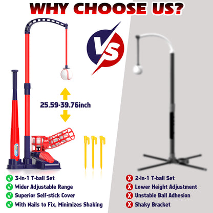 Tee Ball Set for Kids, 3-in-1 Baseball Toys with Hanging Tee, Tee Ball Stand, Ball Launcher and 6 Balls, Adjustable Height Baseball Stand, Indoor & Outdoor Sport Toy for Toddler Boys Ages 2-4