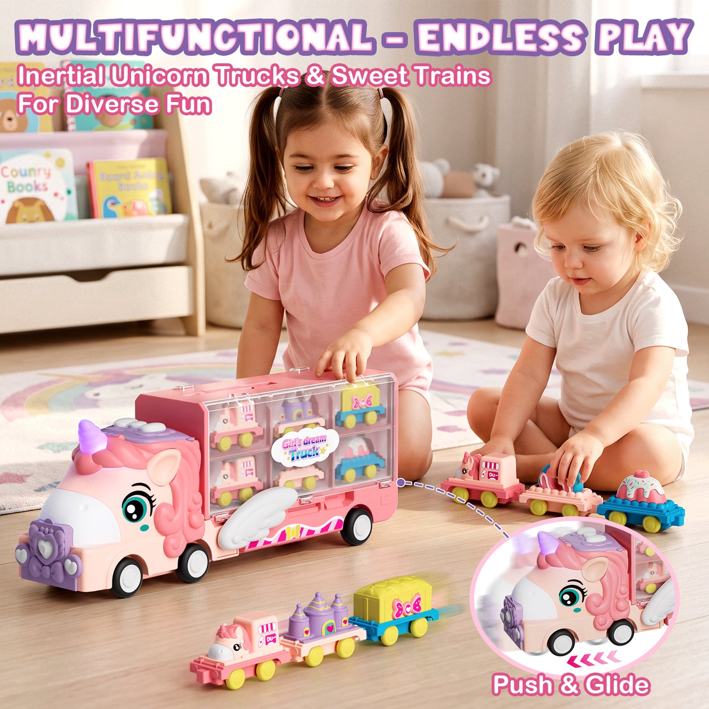 2 Year Old Girl Toys, Unicorn Transport Truck for 2 3 4 Year Old Girls, Friction Powered Unicorn Truck Toy with Light & Sound & Cartoon Cars, Toddler Toy Truck for 2-4 Girls Birthday Gift