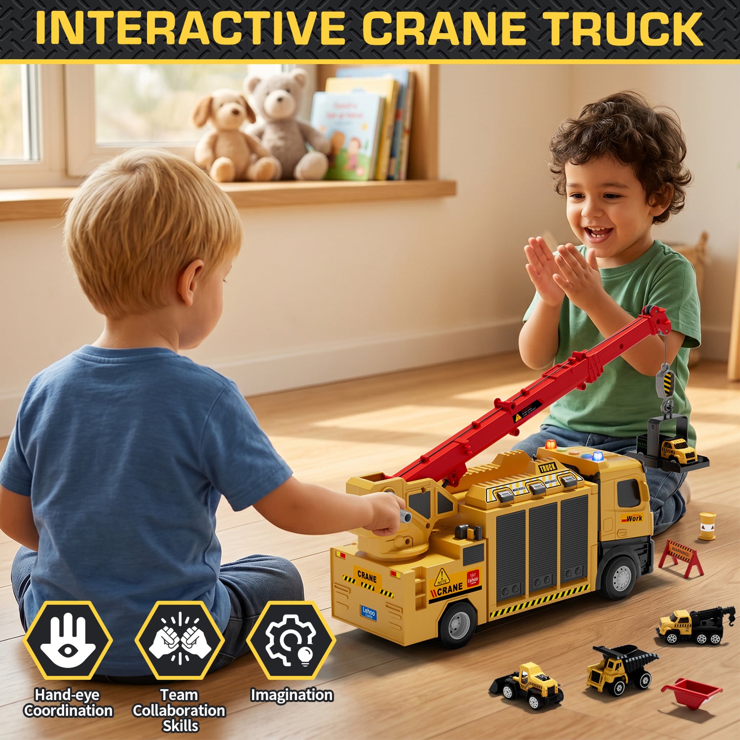 Crane Truck Toy, Construction Trucks Toys for 3 Year Old Boys, Kids Excavator Crane Truck Toy with Excavators, bulldozers, dump trucks, cement mixers and Sounds, Construction Toys 3+ Year Old