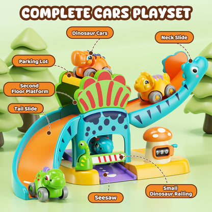 Toy Car for Kids, Dinosaur Toy Car, 5 in 1 Dinosaur Slide & Parking with 4 Push and Go Toy Cars, Toys for 2-3 Year Old, Toddler Toy Car, Learning Educational Toys for Boys Girls Best Birthday Gifts