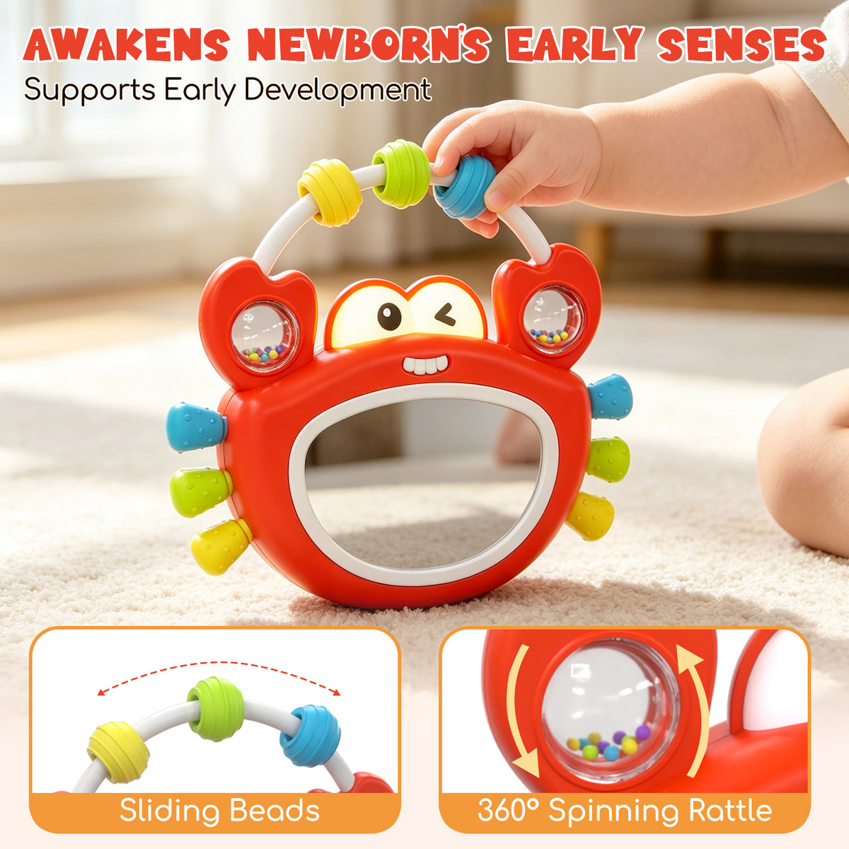 Lehoo Castle Tummy Time Toys for Babies 0-6 Months, Baby Mirror Toy with Light & Music, Wobble Crab Sensory Toy with Teether & Rattle, Infant Toy for Newborn Boys Girls