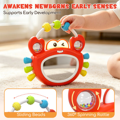 Lehoo Castle Tummy Time Toys for Babies 0-6 Months, Baby Mirror Toy with Light & Music, Wobble Crab Sensory Toy with Teether & Rattle, Infant Toy for Newborn Boys Girls