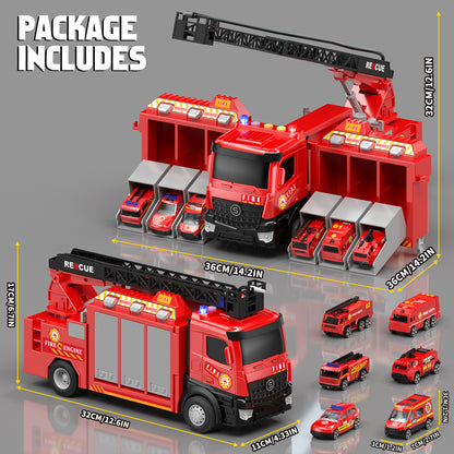 Fire Truck for Boys, Truck Toy with Siren Sounds, Shooting Water, Retractable Ladder, Flashing Lights, 6 Cars, Fire Truck Toys 3-5 Years Old Boys, Boys Birthday Gift