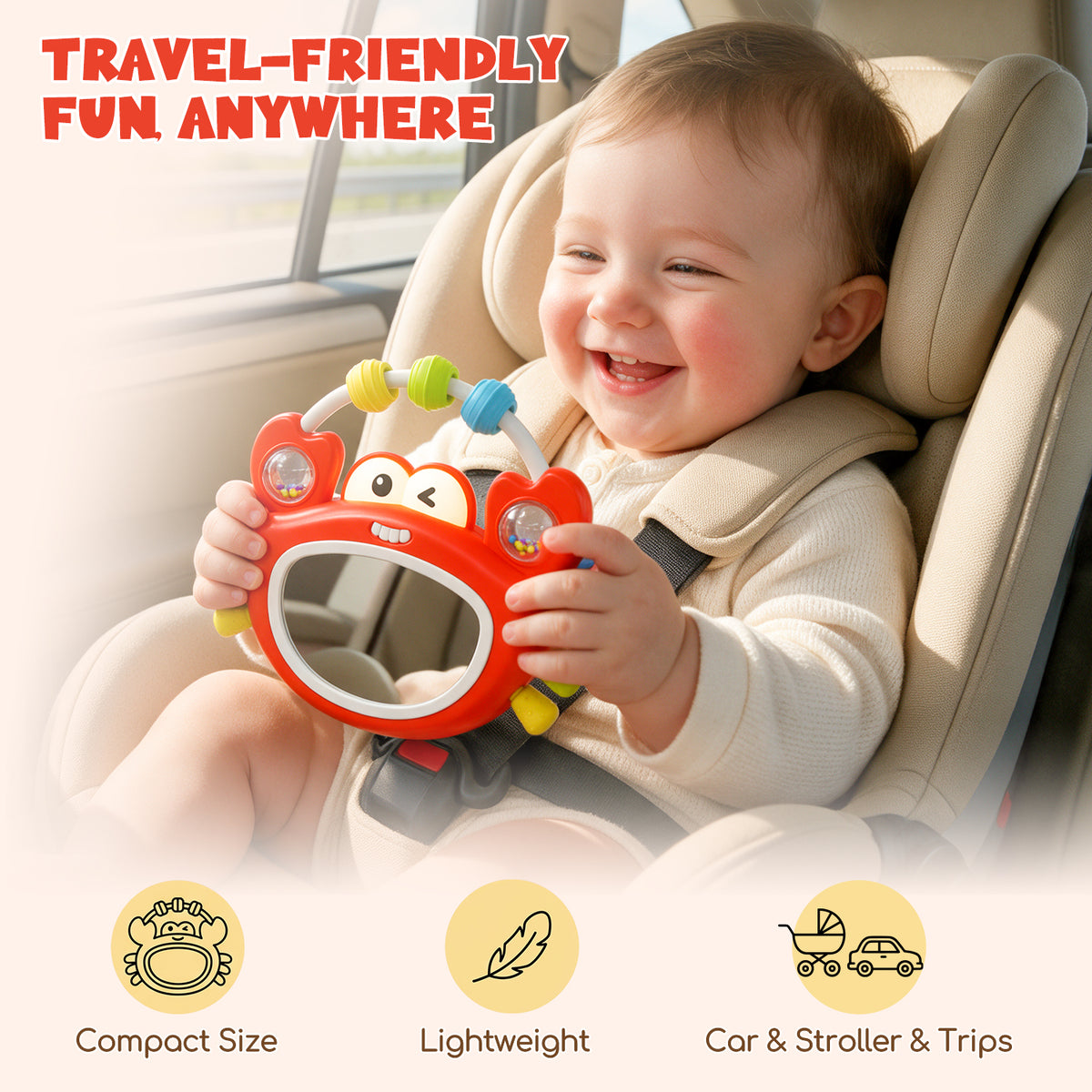 Lehoo Castle Tummy Time Toys for Babies 0-6 Months, Baby Mirror Toy with Light & Music, Wobble Crab Sensory Toy with Teether & Rattle, Infant Toy for Newborn Boys Girls