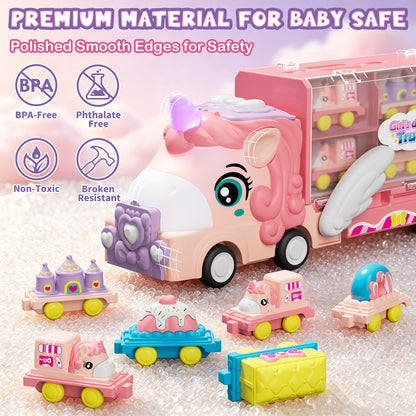 2 Year Old Girl Toys, Unicorn Transport Truck for 2 3 4 Year Old Girls, Friction Powered Unicorn Truck Toy with Light & Sound & Cartoon Cars, Toddler Toy Truck for 2-4 Girls Birthday Gift