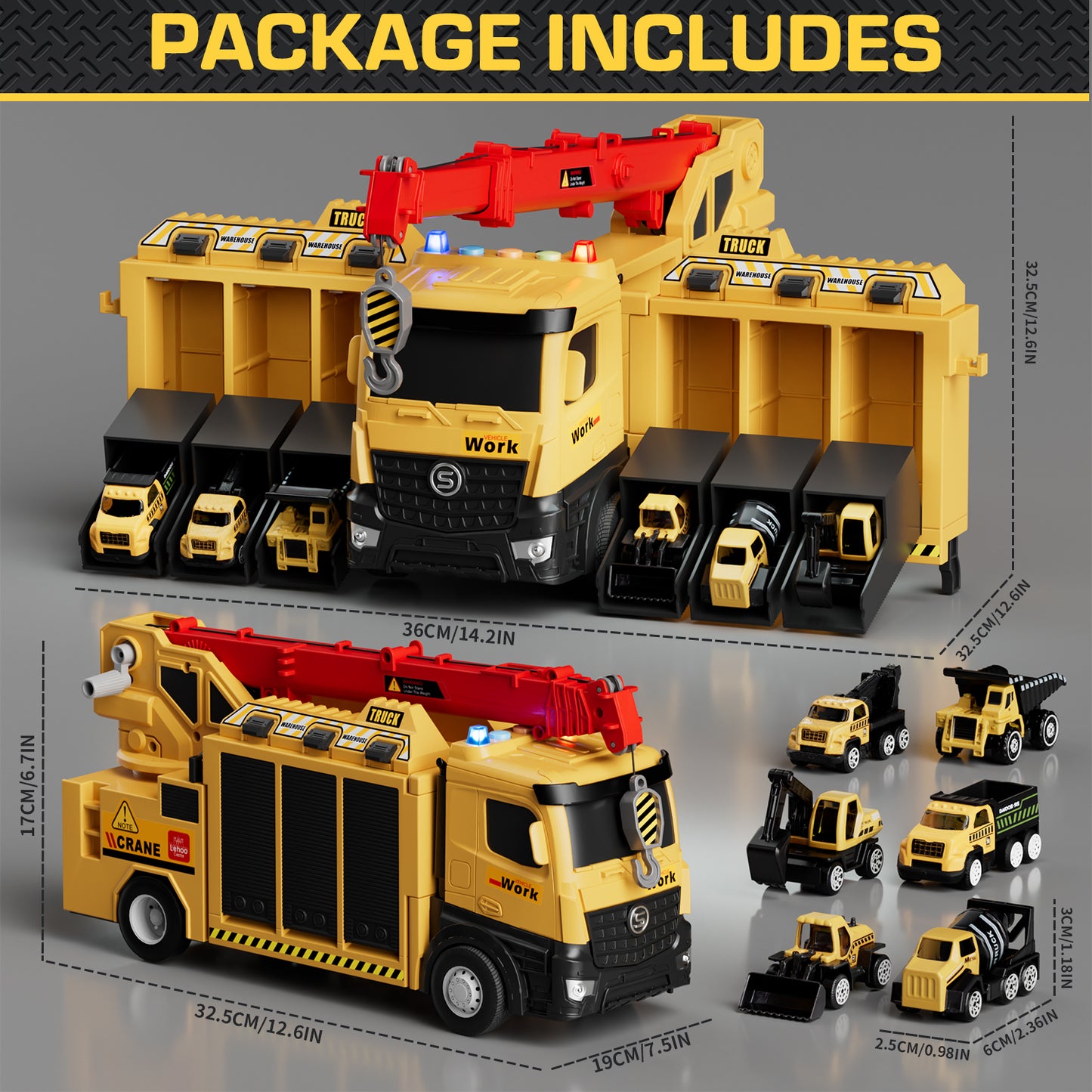 Crane Truck Toy, Construction Trucks Toys for 3 Year Old Boys, Kids Excavator Crane Truck Toy with Excavators, bulldozers, dump trucks, cement mixers and Sounds, Construction Toys 3+ Year Old