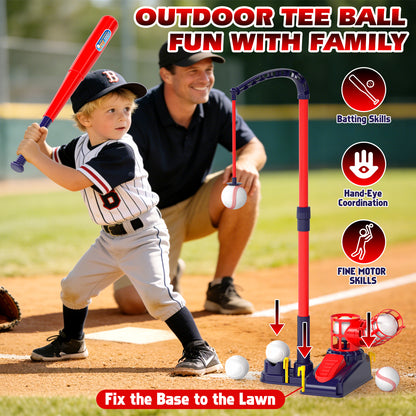 Tee Ball Set for Kids, 3-in-1 Baseball Toys with Hanging Tee, Tee Ball Stand, Ball Launcher and 6 Balls, Adjustable Height Baseball Stand, Indoor & Outdoor Sport Toy for Toddler Boys Ages 2-4