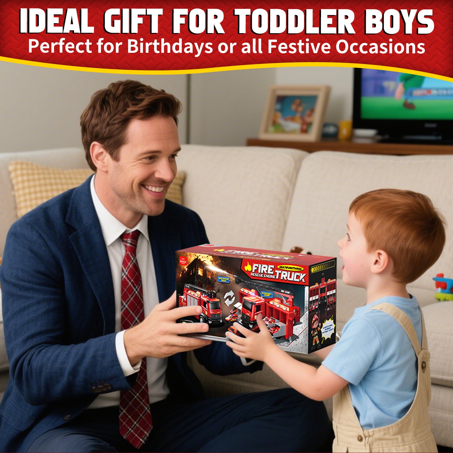 Fire Truck for Boys, Truck Toy with Siren Sounds, Shooting Water, Retractable Ladder, Flashing Lights, 6 Cars, Fire Truck Toys 3-5 Years Old Boys, Boys Birthday Gift