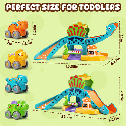 Toy for 1 Year Old, Toy Car for Boys, 5 in 1 Dinosaur Slide & Parking with 4 Push and Go Toy Cars, Educational Toy for Toddler 1 2 3 Year Old Boys Girls Birthday Gift