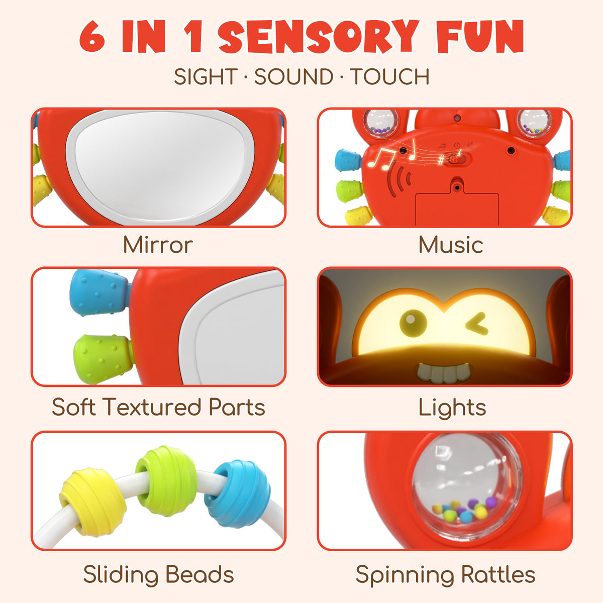 Lehoo Castle Tummy Time Toys for Babies 0-6 Months, Baby Mirror Toy with Light & Music, Wobble Crab Sensory Toy with Teether & Rattle, Infant Toy for Newborn Boys Girls