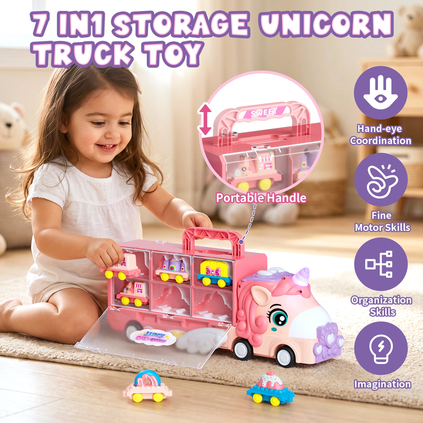 2 Year Old Girl Toys, Unicorn Transport Truck for 2 3 4 Year Old Girls, Friction Powered Unicorn Truck Toy with Light & Sound & Cartoon Cars, Toddler Toy Truck for 2-4 Girls Birthday Gift