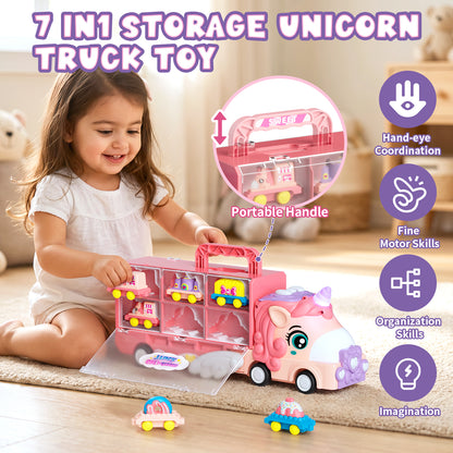 2 Year Old Girl Toys, Unicorn Transport Truck for 2 3 4 Year Old Girls, Friction Powered Unicorn Truck Toy with Light & Sound & Cartoon Cars, Toddler Toy Truck for 2-4 Girls Birthday Gift
