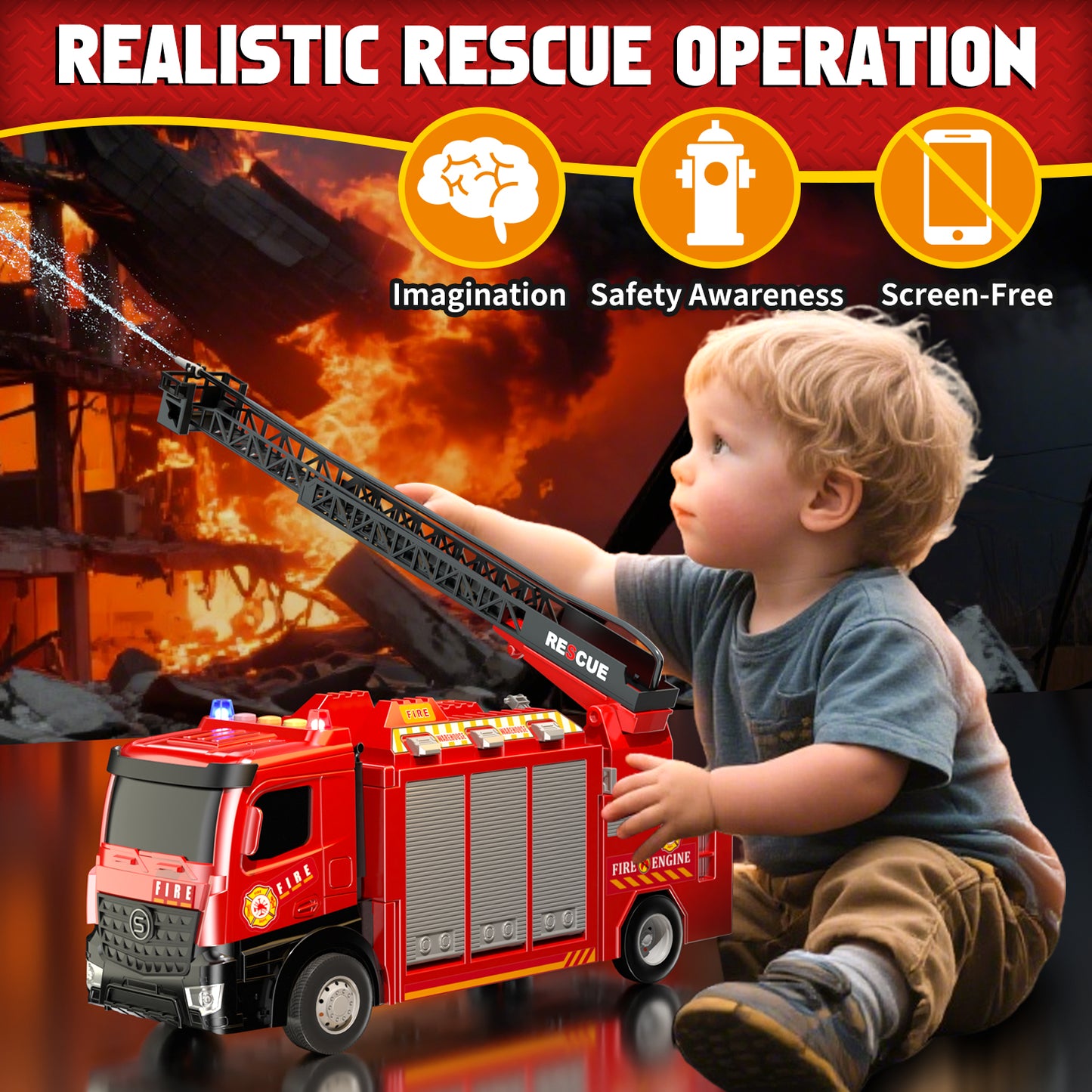 Fire Truck for Boys, Truck Toy with Siren Sounds, Shooting Water, Retractable Ladder, Flashing Lights, 6 Cars, Fire Truck Toys 3-5 Years Old Boys, Boys Birthday Gift