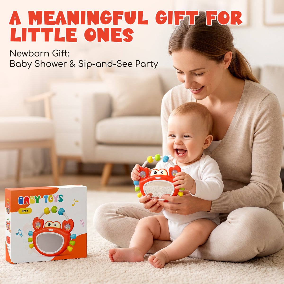 Lehoo Castle Tummy Time Toys for Babies 0-6 Months, Baby Mirror Toy with Light & Music, Wobble Crab Sensory Toy with Teether & Rattle, Infant Toy for Newborn Boys Girls