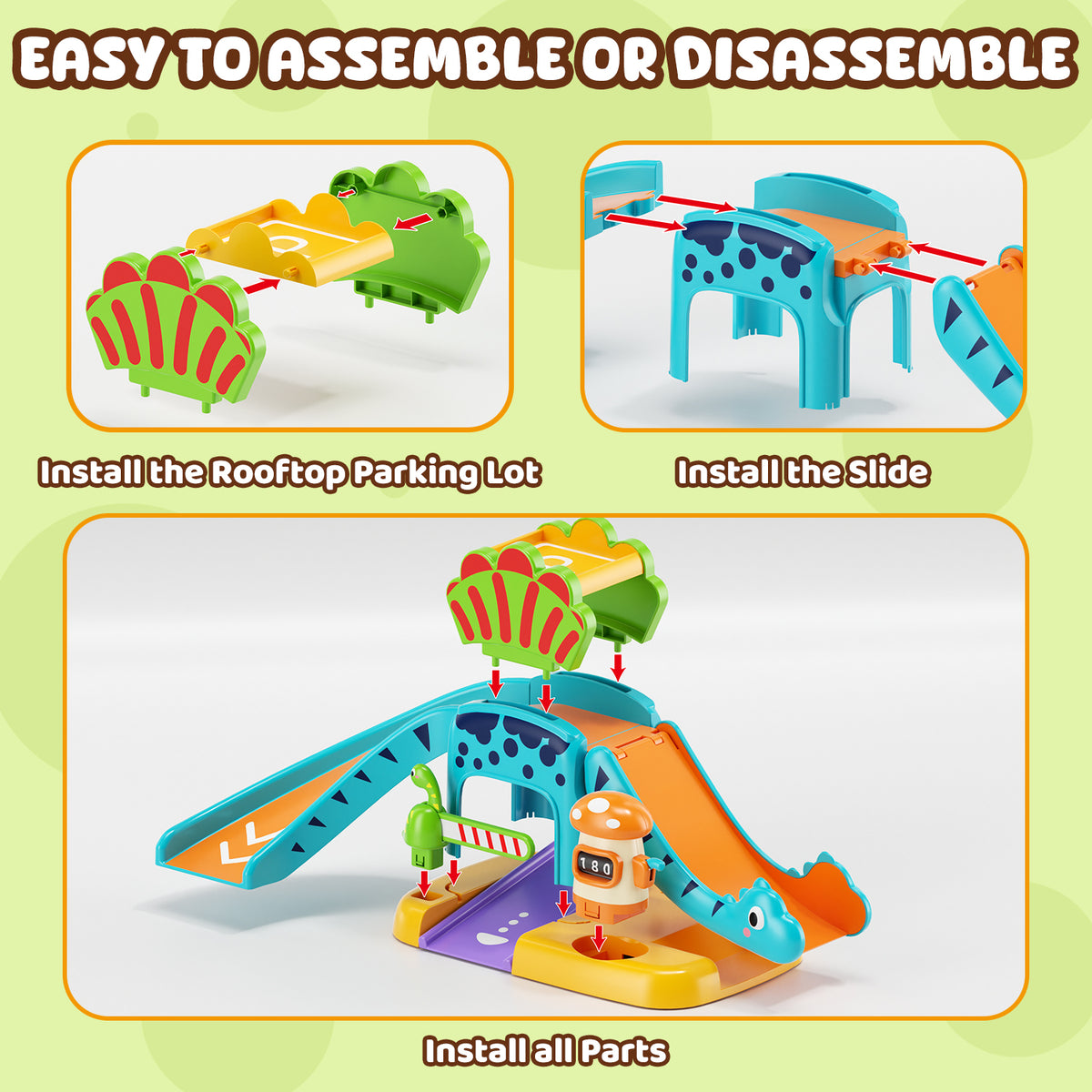 Toy Car for Kids, Dinosaur Toy Car, 5 in 1 Dinosaur Slide & Parking with 4 Push and Go Toy Cars, Toys for 2-3 Year Old, Toddler Toy Car, Learning Educational Toys for Boys Girls Best Birthday Gifts