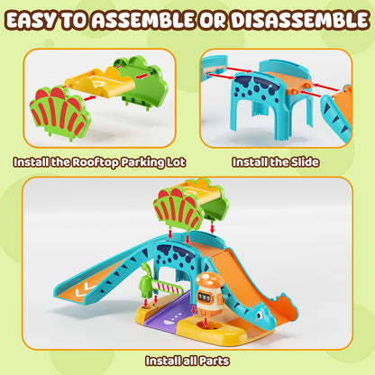 Toy Car for Kids, Dinosaur Toy Car, 5 in 1 Dinosaur Slide & Parking with 4 Push and Go Toy Cars, Toys for 2-3 Year Old, Toddler Toy Car, Learning Educational Toys for Boys Girls Best Birthday Gifts