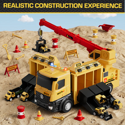 Crane Truck Toy, Construction Trucks Toys for 3 Year Old Boys, Kids Excavator Crane Truck Toy with Excavators, bulldozers, dump trucks, cement mixers and Sounds, Construction Toys 3+ Year Old