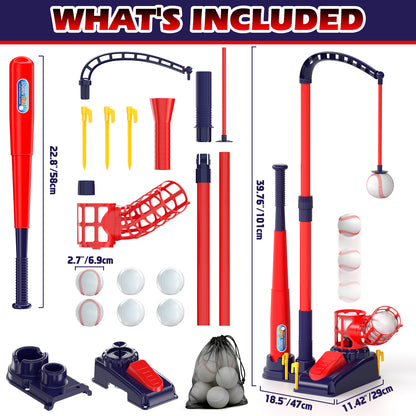 Tee Ball Set for Kids, 3-in-1 Baseball Toys with Hanging Tee, Tee Ball Stand, Ball Launcher and 6 Balls, Adjustable Height Baseball Stand, Indoor & Outdoor Sport Toy for Toddler Boys Ages 2-4
