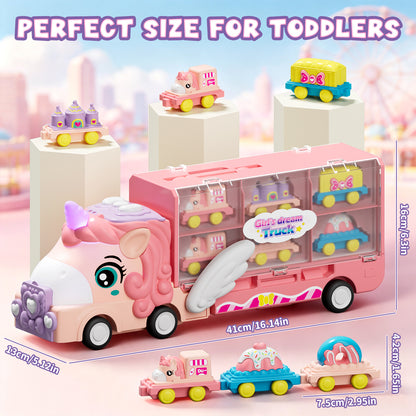 2 Year Old Girl Toys, Unicorn Transport Truck for 2 3 4 Year Old Girls, Friction Powered Unicorn Truck Toy with Light & Sound & Cartoon Cars, Toddler Toy Truck for 2-4 Girls Birthday Gift