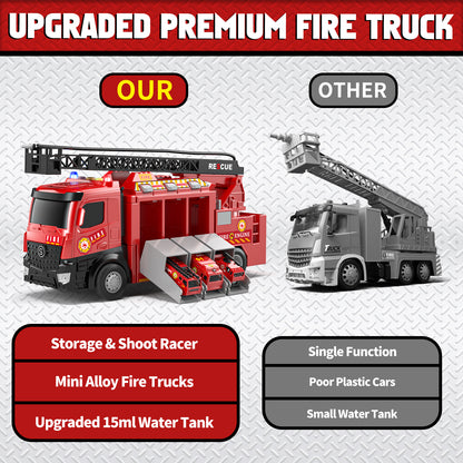 Fire Truck for Boys, Truck Toy with Siren Sounds, Shooting Water, Retractable Ladder, Flashing Lights, 6 Cars, Fire Truck Toys 3-5 Years Old Boys, Boys Birthday Gift