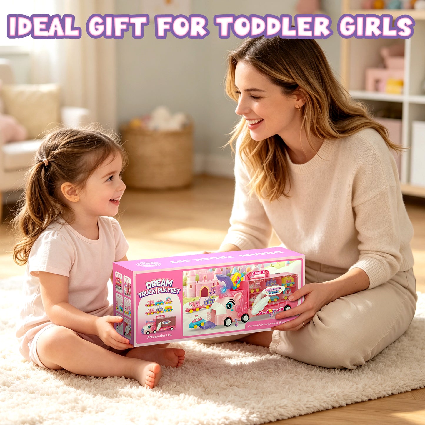 2 Year Old Girl Toys, Unicorn Transport Truck for 2 3 4 Year Old Girls, Friction Powered Unicorn Truck Toy with Light & Sound & Cartoon Cars, Toddler Toy Truck for 2-4 Girls Birthday Gift