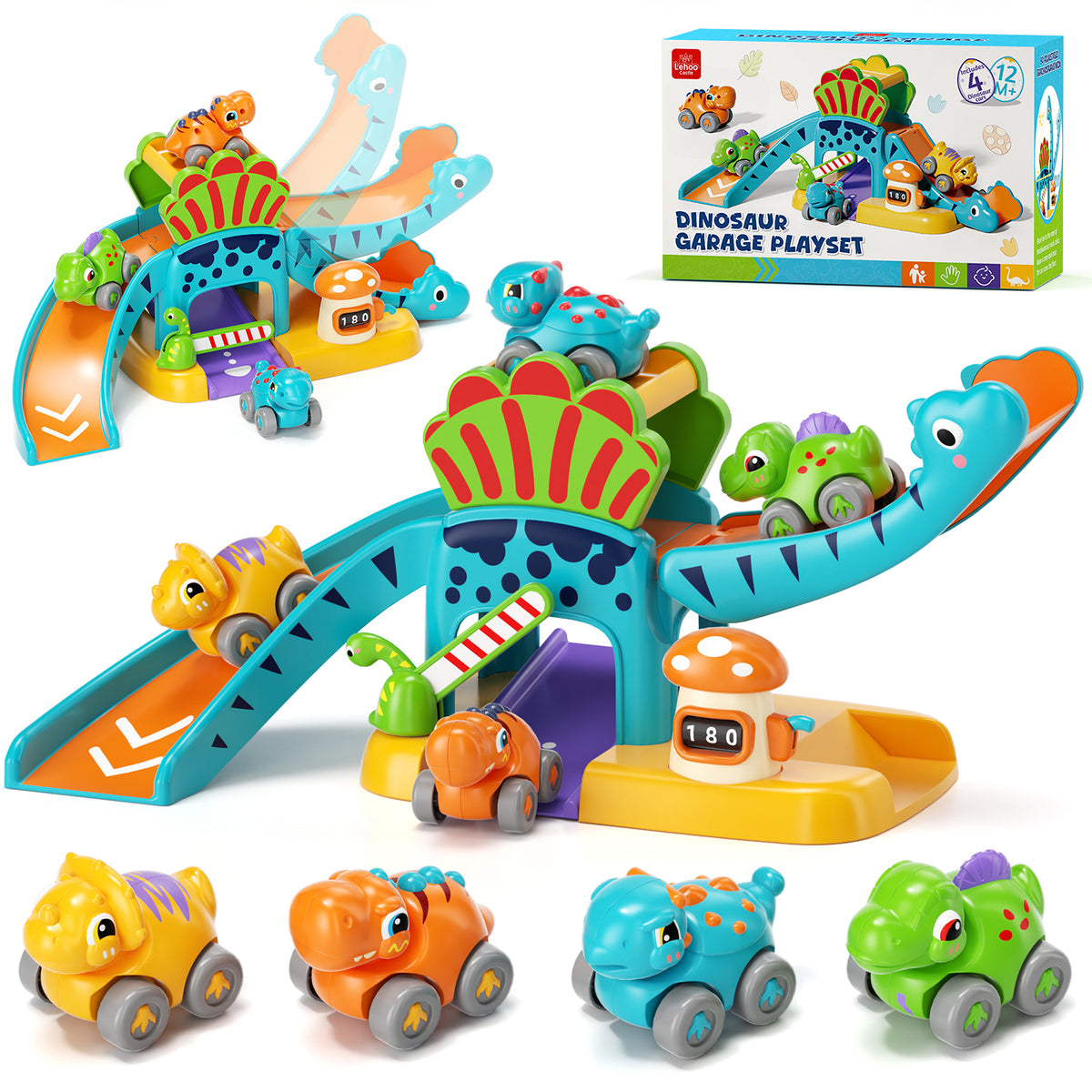 Toy Car for Kids, Dinosaur Toy Car, 5 in 1 Dinosaur Slide & Parking with 4 Push and Go Toy Cars, Toys for 2-3 Year Old, Toddler Toy Car, Learning Educational Toys for Boys Girls Best Birthday Gifts