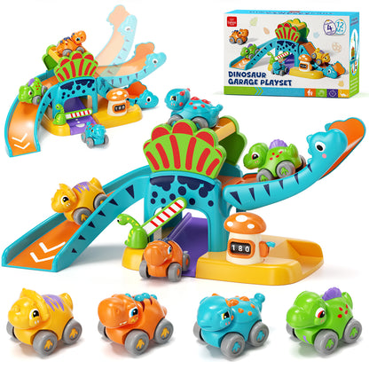 Toy Car for Kids, Dinosaur Toy Car, 5 in 1 Dinosaur Slide & Parking with 4 Push and Go Toy Cars, Toys for 2-3 Year Old, Toddler Toy Car, Learning Educational Toys for Boys Girls Best Birthday Gifts