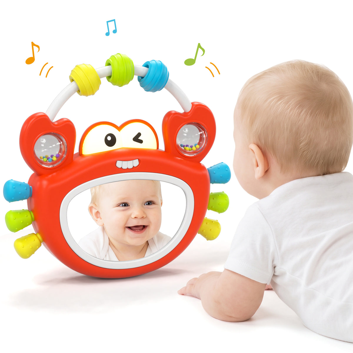 Lehoo Castle Tummy Time Toys for Babies 0-6 Months, Baby Mirror Toy with Light & Music, Wobble Crab Sensory Toy with Teether & Rattle, Infant Toy for Newborn Boys Girls